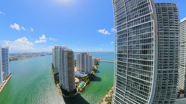 Aerial tour past Brickell Key Downtown Miami Florida 2026