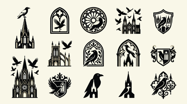 Collection of Gothic architectural elements and raven motifs, symbolizing mystery and dark aesthetics.