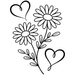 Obraz premium Elegant Minimal Daisy Illustration With Hearts and Curved Botanical Line Artwork Design Style Isolated on a Transparent or White Background