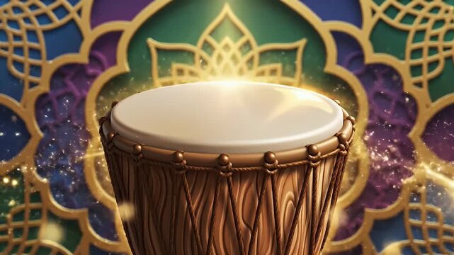 Intricately carved goblet-shaped drum resting center stage before a vibrant geometric arabesque backdrop