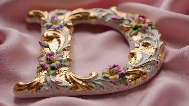 Intricately Carved Gold Ornamental Letter Brooch Adorned with Floral Enamel on Pink Satin