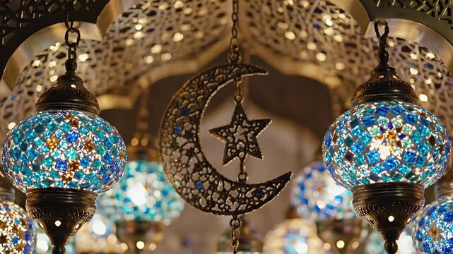Intricately Carved Turkish Mosaic Lanterns Dangle Beneath An Ornate Archway