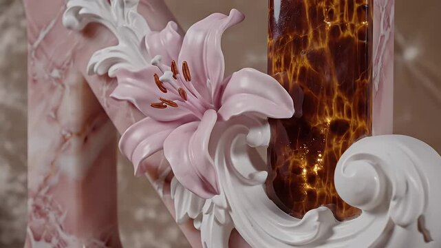 Intricately Carved White Floral Ornament with Pink Flower Accents and Marble-Like Background