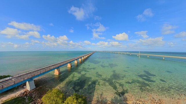 Aerial pull out shot Pigeon Key Florida Seven Mile Bridge 2026