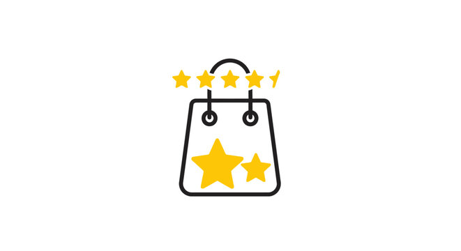 Golden stars on shopping bag icon.