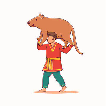 Man in Traditional Clothing Carrying a Bear