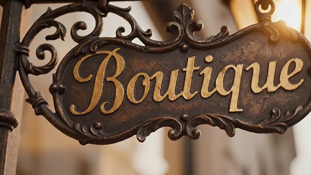 Intricately Designed Wrought Iron Boutique Sign Featuring Gold Script and Warm Lantern in Urban Setting