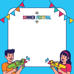 Fototapeta premium Summer Festival. Kids playing water guns. Outdoor fun. Cartoon style.