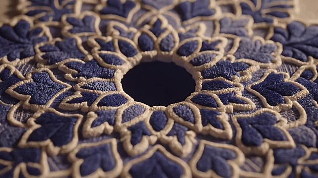 Intricately Detailed Blue Floral Doily Pattern with Beige Background and Lace Motif
