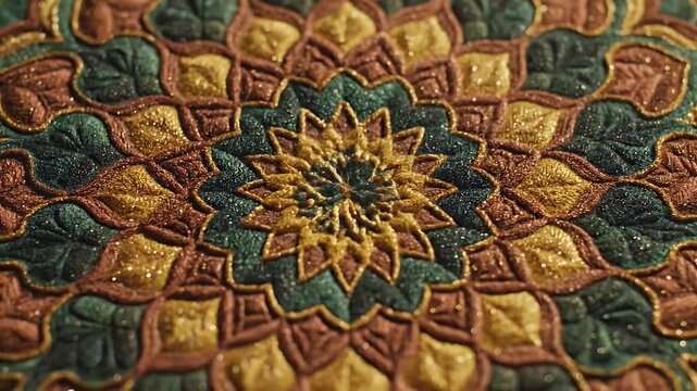 Intricately detailed circular mandala textile pattern featuring layered petals in emerald green, gold, and orange