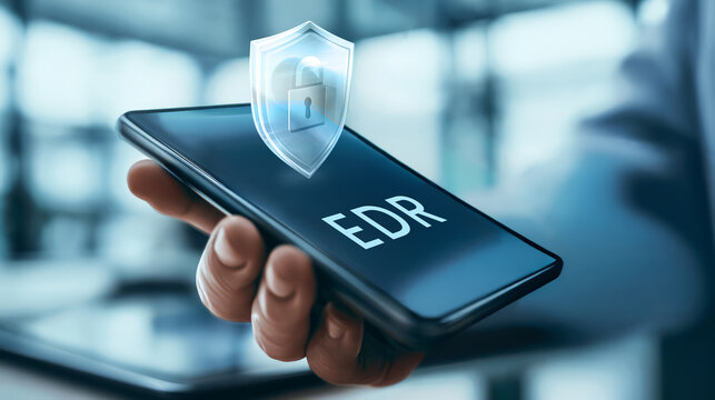 EDR (endpoint detection and response) text on smartphone with floating shield and lock.