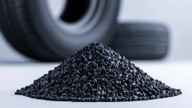 Synthetic rubber granules for tire manufacturing. Car tires in background.