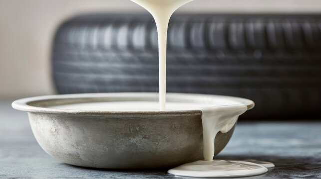White rubber latex poured into metal bowl with car tire behind.