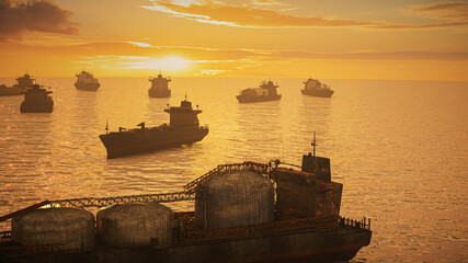 oil tankers fleet anchored in Strait of Hormuz at dramatic golden sunset 3D render concept © de Art