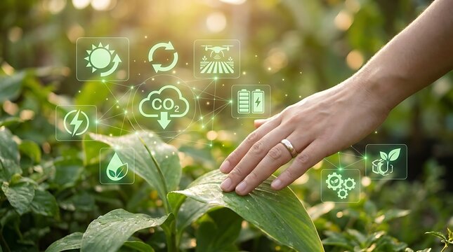 Hand touching leaf with smart farming icons and CO2 reduction