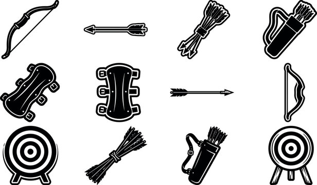 Black and white archery bow arrow quiver target and skateboard line art collection