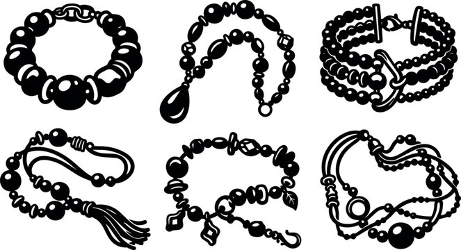 Six beaded bracelets with various bead shapes and tassel detail