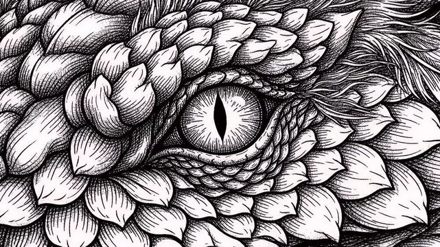 Intricately Detailed Dragon Eye Surrounded by Dense Scales in Monochrome