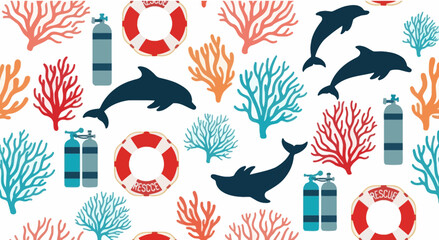 Dolphins, Corals, Scuba Tanks and Lifebuoys Seamless Pattern - Underwater World © kc