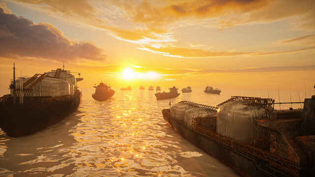 oil tankers fleet anchored in Strait of Hormuz at dramatic golden sunset 3D render concept