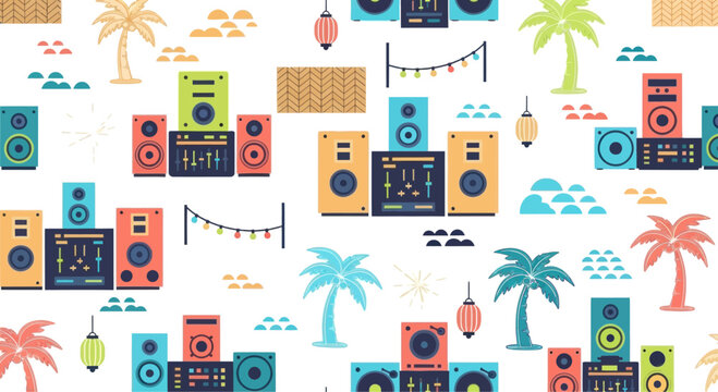 Retro Sound System and Palm Trees Seamless Pattern - Music Festival Vibe