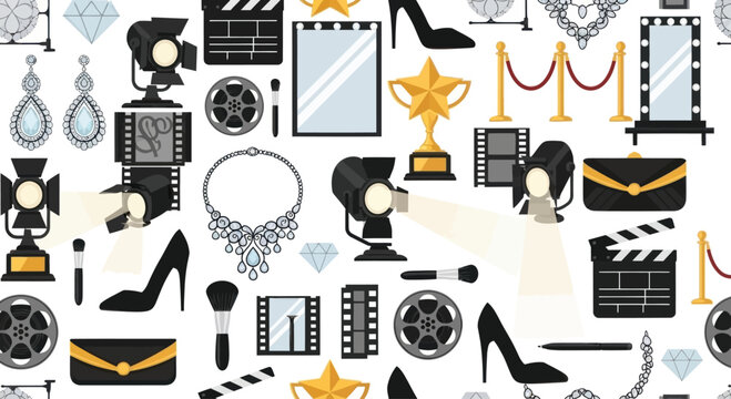Hollywood Glamour Seamless Pattern: Oscars, Diamonds, Stilettos, Movie Reels & Spotlights