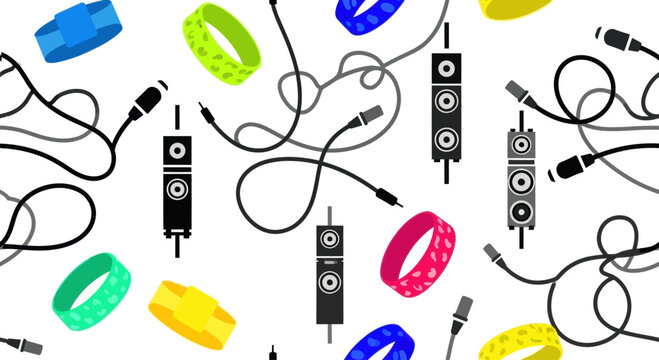 Retro audio speakers, tangled wires, and colorful bracelets pattern