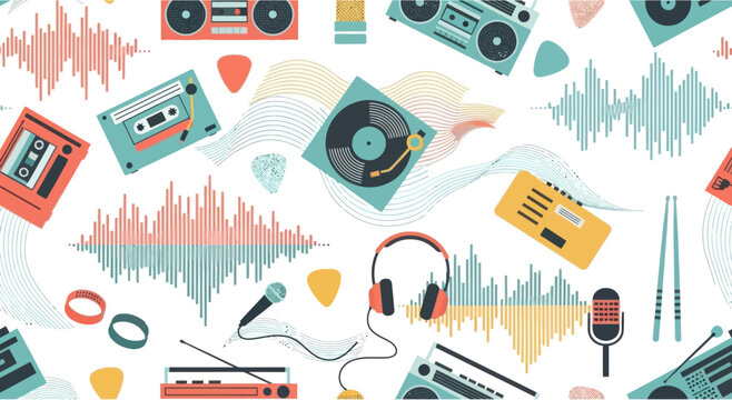 Retro Music Pattern: Boomboxes, Cassettes, Turntables, Headphones, Microphones