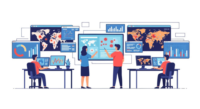Data analysis team monitoring global pandemic spread on digital screens