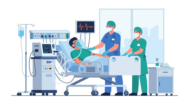 Medical Team Caring for Patient in Intensive Care Unit with Ventilator