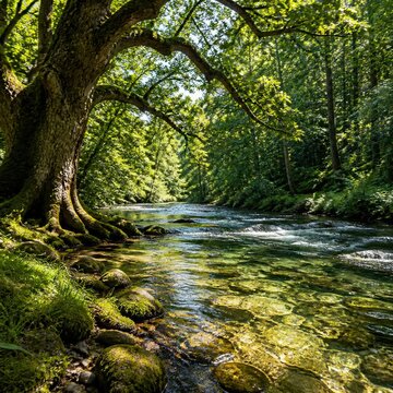 Sunlit forest stream with mossy rocks and large overhanging tree creating dappled light
