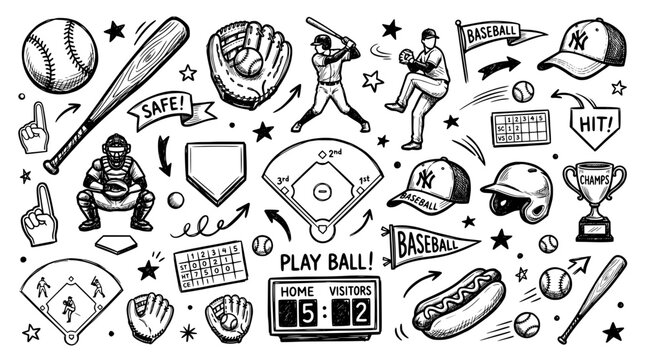 Set of baseball doodles, hand drawn, vector, black and white.