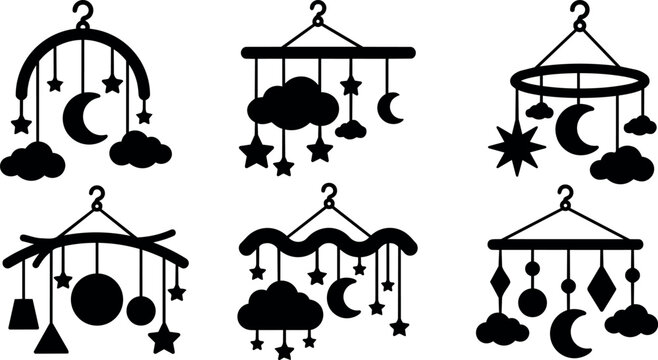 Black and white silhouette hanging baby mobiles with moon stars and clouds vector art