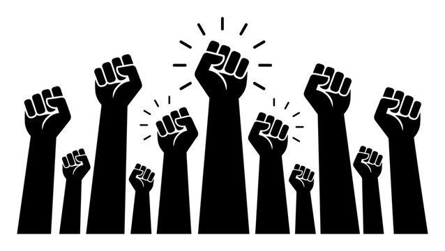 Raised clenched fists black silhouettes with one highlighted for protest and solidarity concept on transparent background