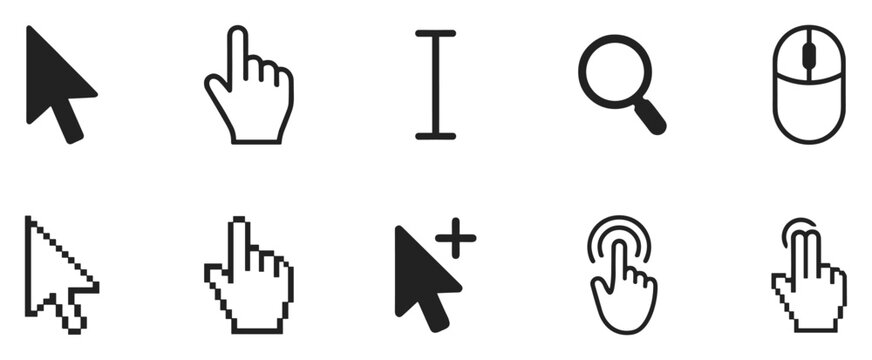 Set of black and white cursor and pointer icons including hand cursor, mouse pointer, magnifying glass, and text selector in pixel and line styles on transparent background