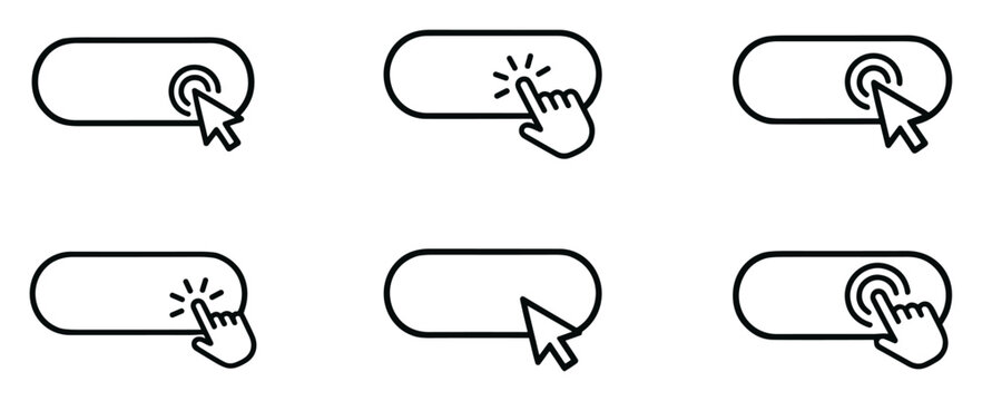 click button icons with arrows and hand pointers in outline style on transparent background