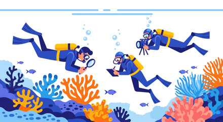 Scuba divers explore coral reef, scientists studying marine life underwater. © kalimawafina