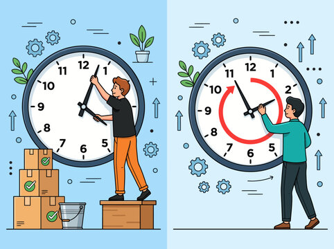 Two people adjusting clock faces in a stylized illustration