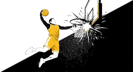 Basketball Slam Dunk. Dynamic Action Shot. Graphic Illustration. Energetic Style. Sports Competition. © khafid