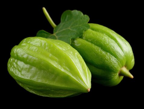Fresh organic chayote squash with leaves isolated on black background.