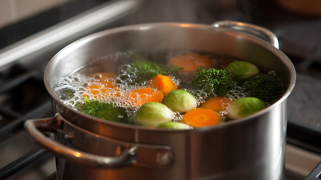 Vibrant Mixed Vegetables Simmer in Pot on Stove, A Healthy Culinary Process with Colorful Broccoli, Carrots, and Brussels Sprouts