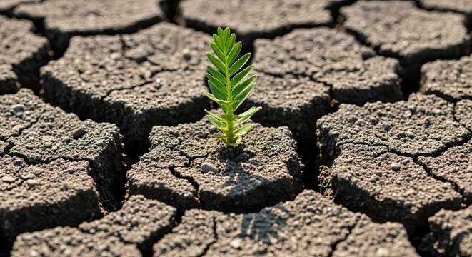 Green sprout growing from cracked dry earth, symbolizing hope and resilience.