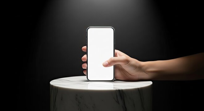 Hand Holding Smartphone with Blank Screen on Marble Pedestal, Spotlight