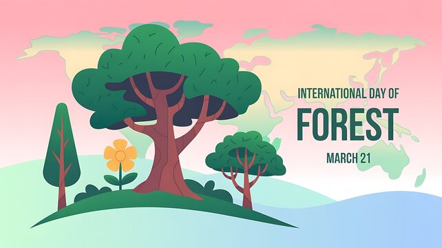 International day of forest with world map and diverse trees landscape twenty one environment conservation
