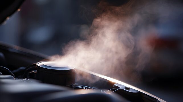 Close-up of Visible White Steam Escaping from an Overheated Engine Compartment, Indicating Mechanical Malfunction or Breakdown, Outdoor Scene