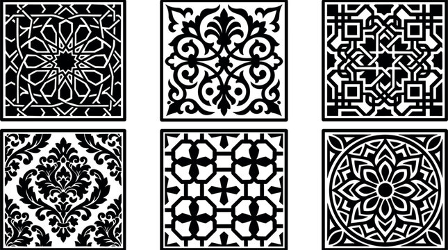 Black and white ornamental square tiles with geometric and floral patterns vector art