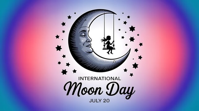 International moon day on july 20 with girl swinging on a crescent moon and stars imagination childhood gradient