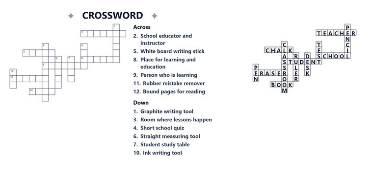School vocabulary quiz crossword puzzle with answer key, perfect for first day of school activities, ESL students, home education worksheets, and fun spelling games for kids