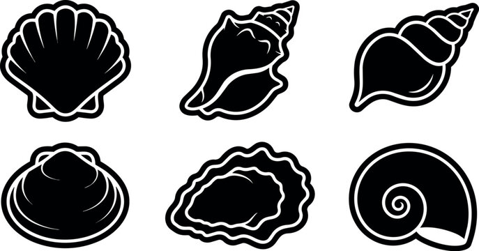 Black and white shell icons set with scallop conch clam oyster and spiral shapes