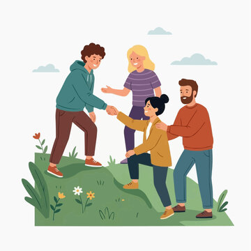 Diverse group of people helping each other climb a hill symbolizing teamwork and support